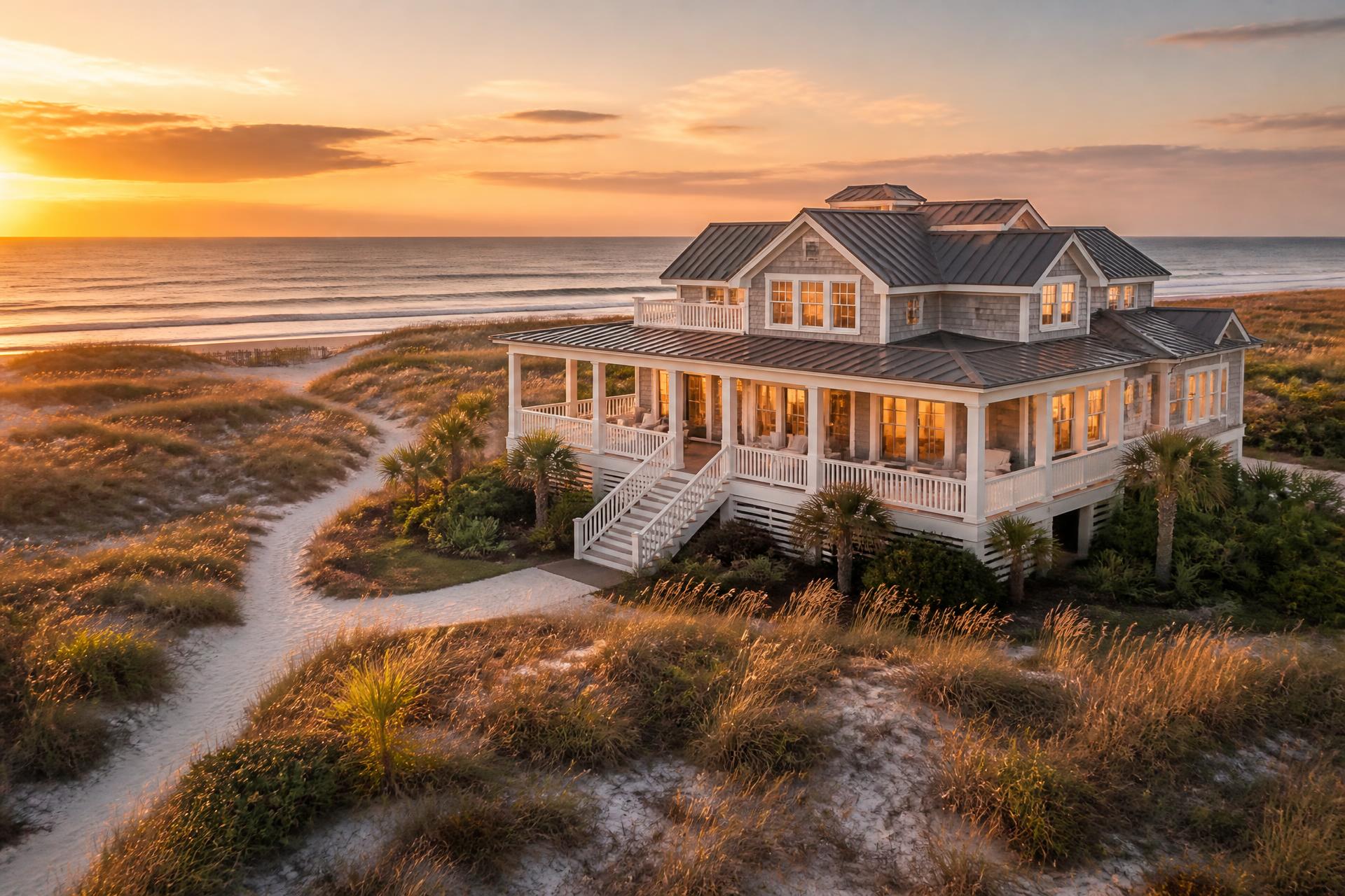 South Carolina Lowcountry beach house at golden hour